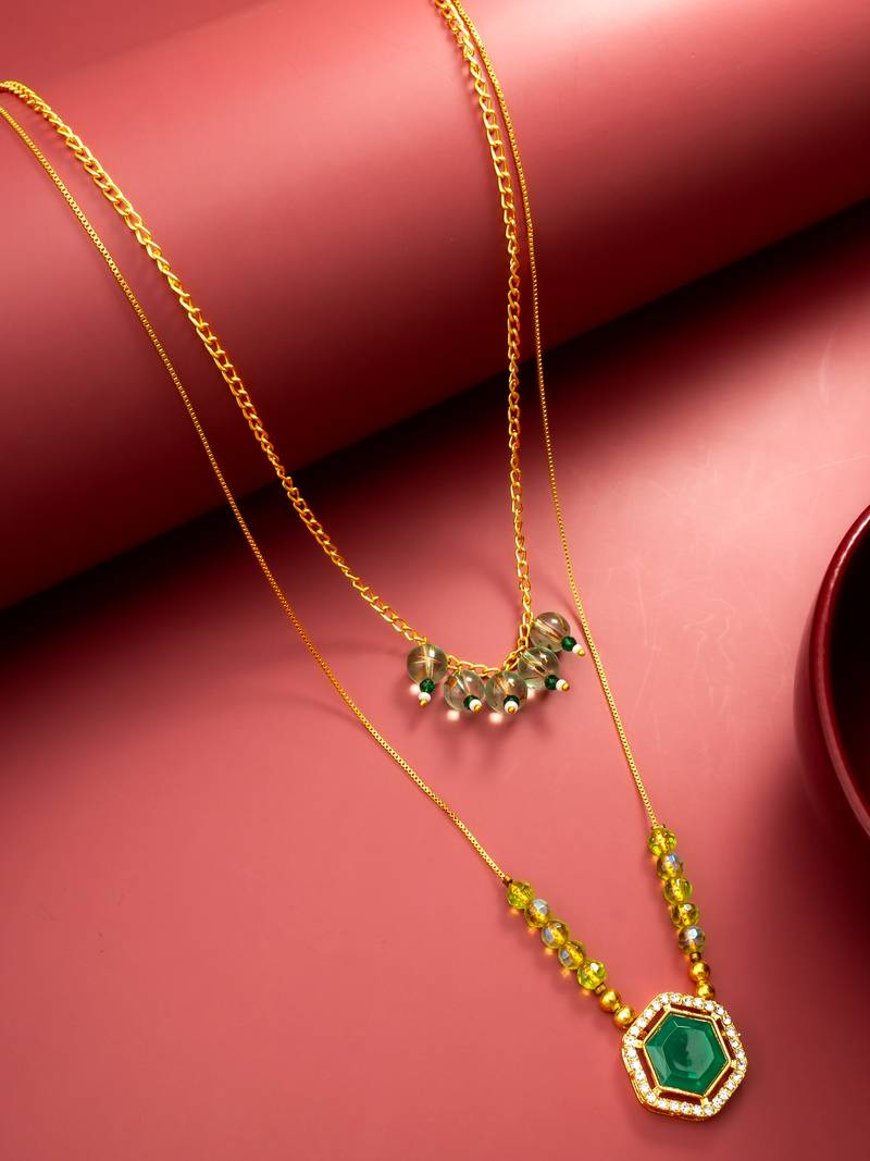gold plated green hexagon pendant necklace