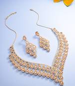 party wear rose gold peach necklace set with cascading bib design and chandelier drop earrings