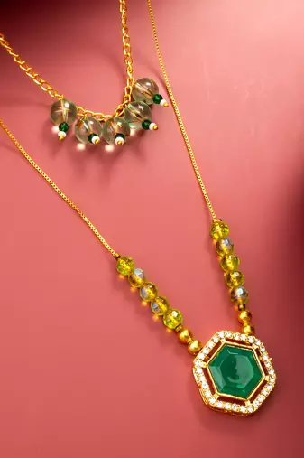 gold plated green hexagon pendant necklace