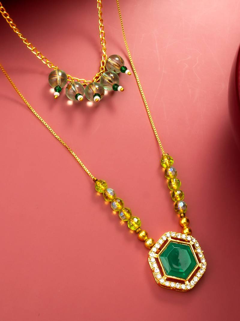 gold plated green hexagon pendant necklace