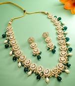 bridal gold-plated kundan crescent motif long necklace set with emerald crystals and pearl drops