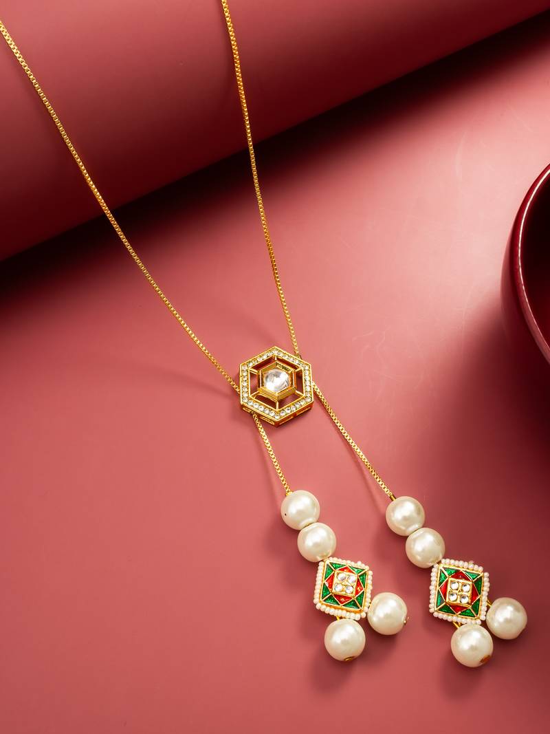gold plated long kundan lariat necklace