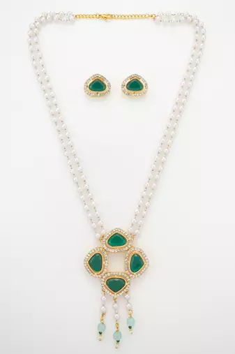 gold plated green stone pearl necklace set