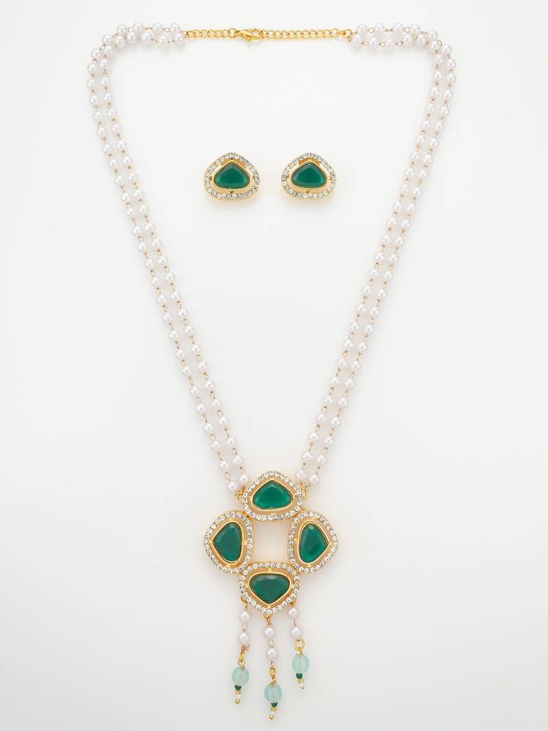 gold plated green stone pearl necklace set