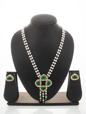 gold plated green stone pearl necklace set 1