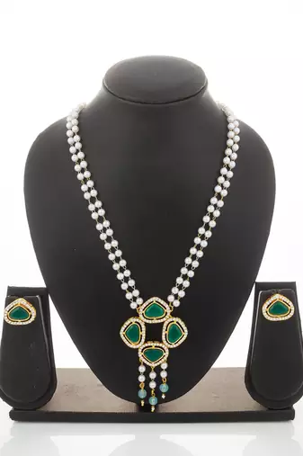 gold plated green stone pearl necklace set