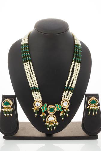 gold plated long pearl necklace set