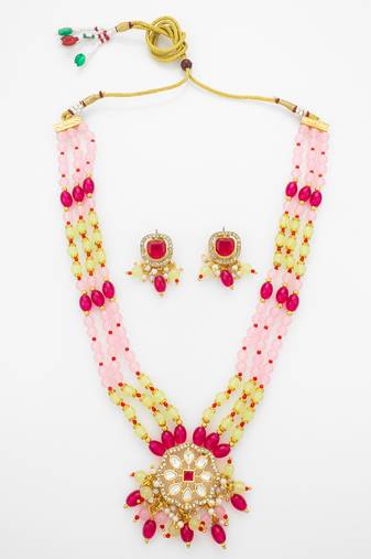 pink yellow kundan necklace set