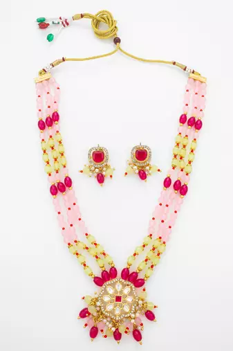 pink yellow kundan necklace set