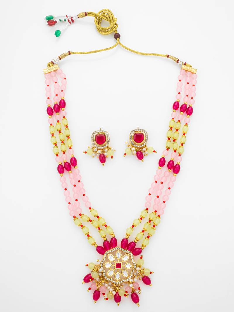pink yellow kundan necklace set