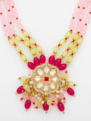 pink yellow kundan necklace set 4