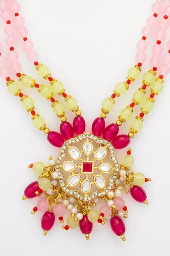 pink yellow kundan necklace set