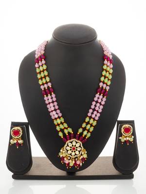 pink yellow kundan necklace set 5