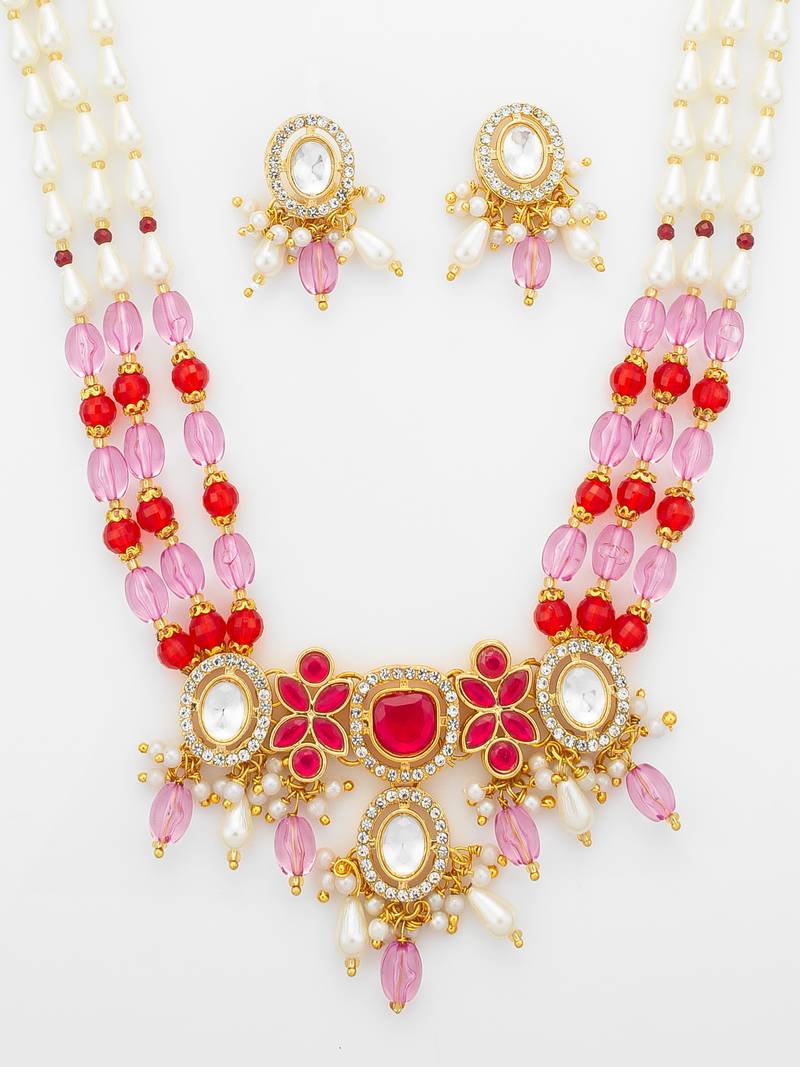 pink red long necklace set