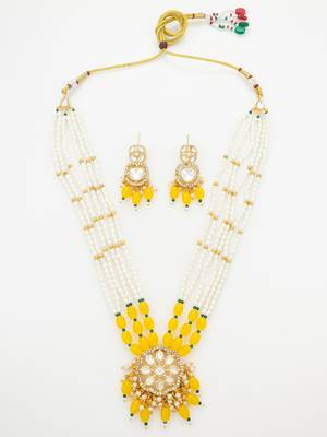 yellow beaded kundan necklace set 2