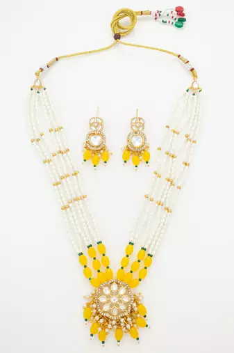 yellow beaded kundan necklace set