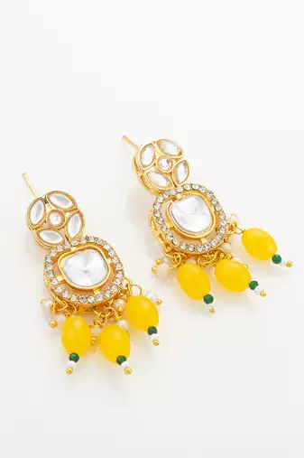 yellow beaded kundan necklace set