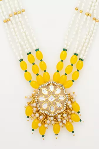 yellow beaded kundan necklace set