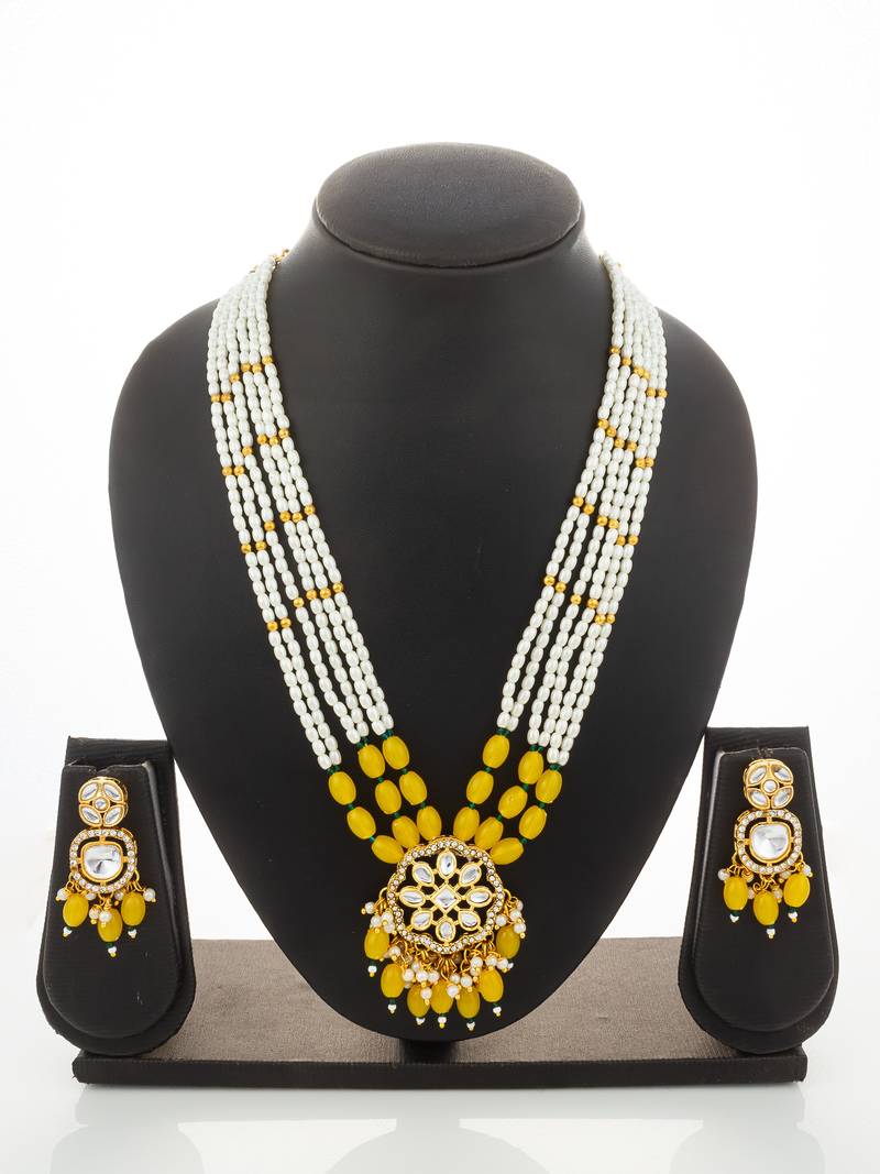 yellow beaded kundan necklace set