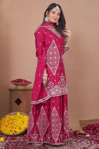 New womens trendy rani pink silk blend embroidered sharara suit set with dupatta