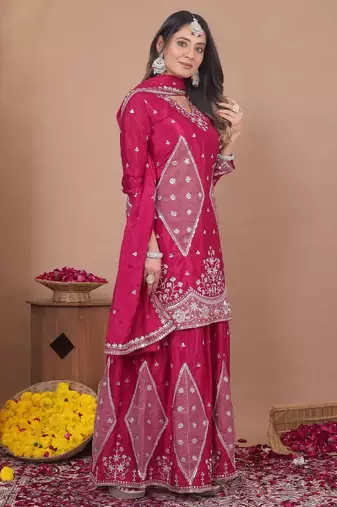 New womens trendy rani pink silk blend embroidered sharara suit set with dupatta