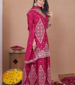 New womens trendy rani pink silk blend embroidered sharara suit set with dupatta