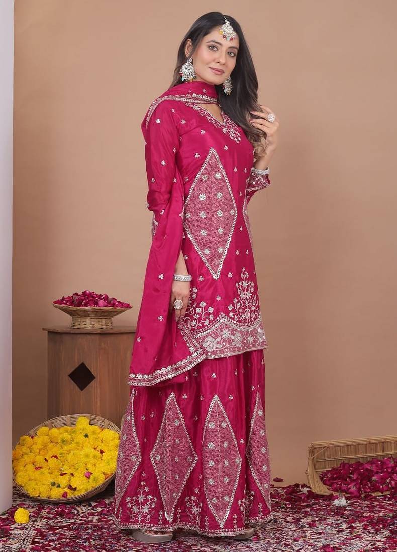 New womens trendy rani pink silk blend embroidered sharara suit set with dupatta