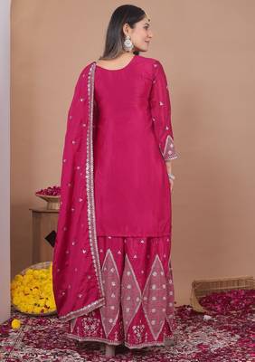  womens rani pink silk blend embroidered sharara suit set with dupatta 3