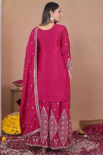 New womens trendy rani pink silk blend embroidered sharara suit set with dupatta