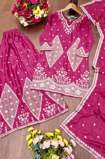 New womens trendy rani pink silk blend embroidered sharara suit set with dupatta