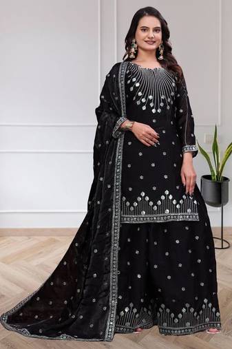 Womens trendy black silk blend embroidered kurta and sharara suit set with dupatta