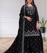 Womens trendy black silk blend embroidered kurta and sharara suit set with dupatta