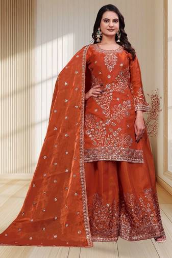 New trendy stylish rust orange embroidered silk sharara suit set with dupatta