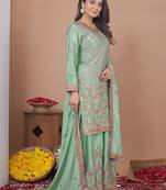 Womens trendy light green silk blend gotapatti and sequins embroidered sharara suit set