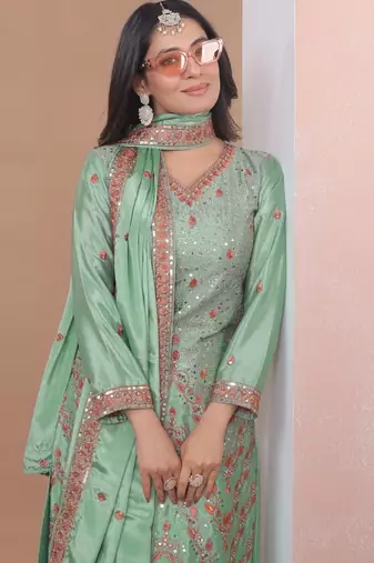 Womens trendy light green silk blend gotapatti and sequins embroidered sharara suit set