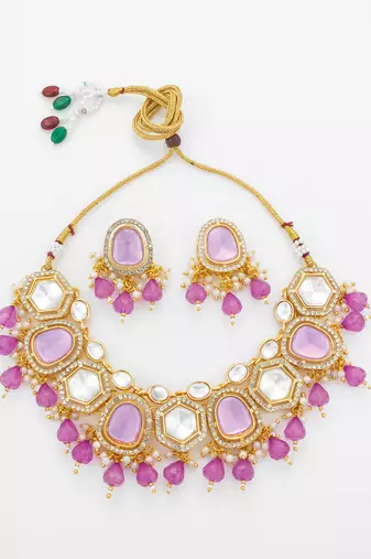 gold plated pink stone choker set