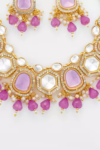 gold plated pink stone choker set