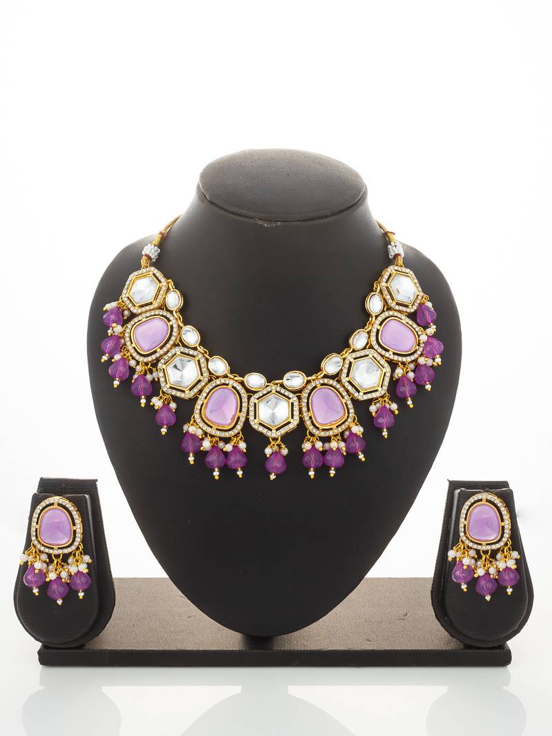 gold plated pink stone choker set