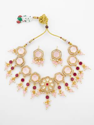 gold plated pink stone necklace set 2