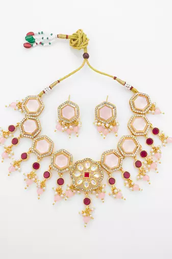 gold plated pink stone necklace set