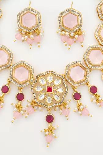 gold plated pink stone necklace set