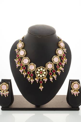 gold plated pink stone necklace set