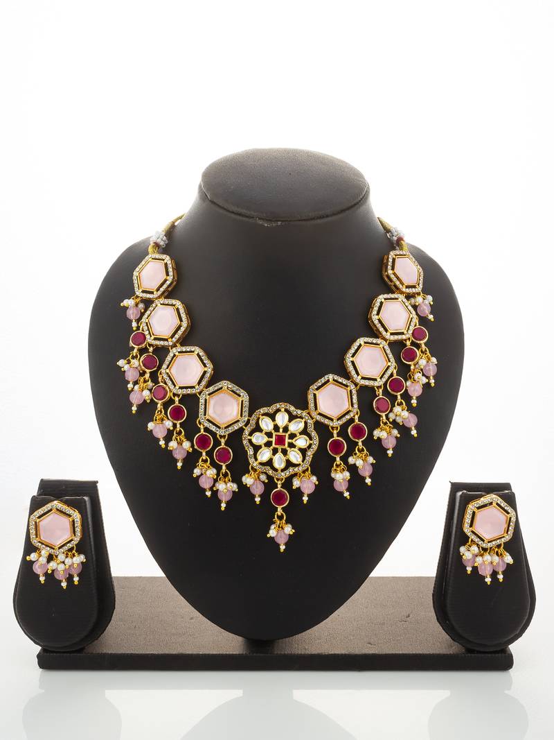 gold plated pink stone necklace set