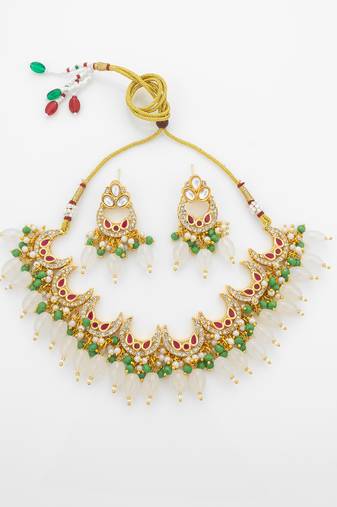 gold plated green beads necklace set