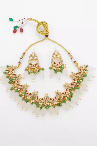 gold plated green beads necklace set
