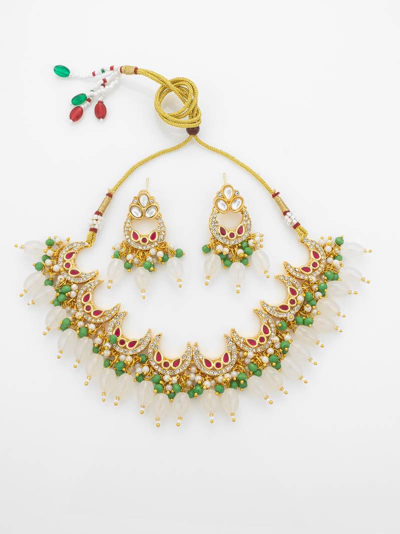 gold plated green beads necklace set
