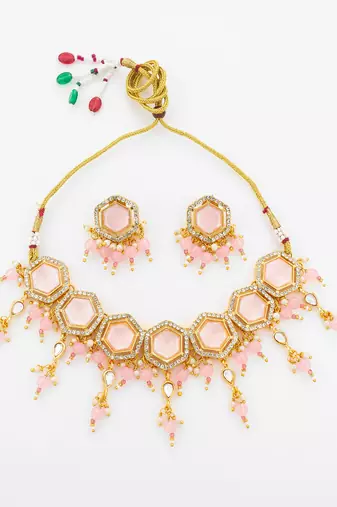 gold plated pink stone choker set