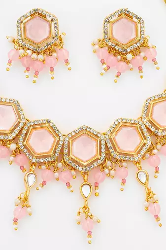 gold plated pink stone choker set