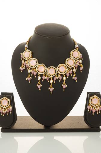 gold plated pink stone choker set