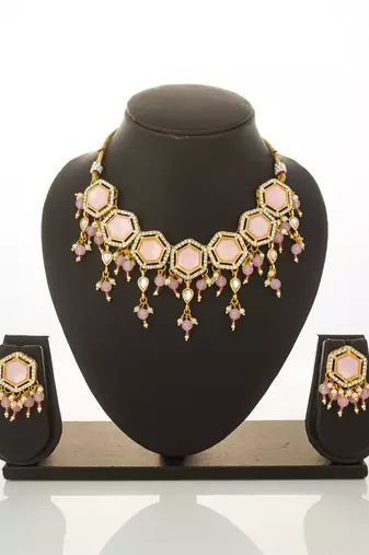 gold plated pink stone choker set